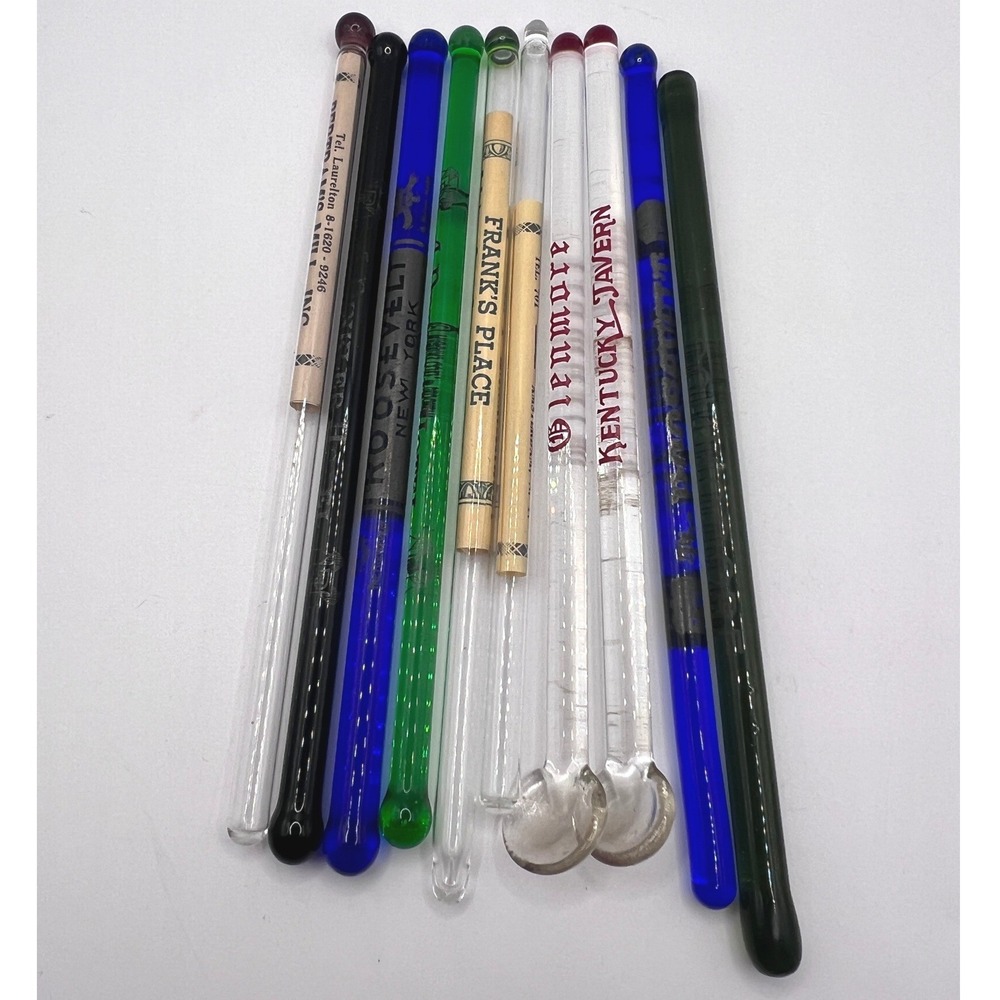 Vintage Advertising Glass Swizzle Sticks 10pc Multi Excellent Barware Set - Picture 1 of 5